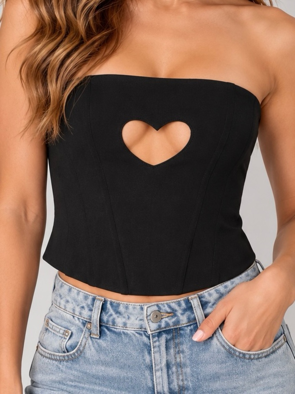 White Fox Black Strapless Corset Top with Heart Cutout & Front Zip Size Small